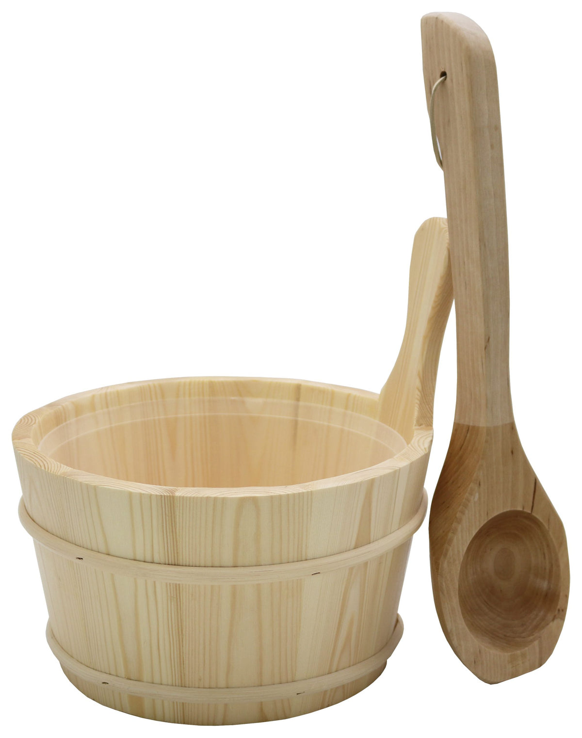 Sauna-Set Holz – Eimer 4 l mit Kunststoffeinsatz und Holzkelle 40 cm – Produktansicht