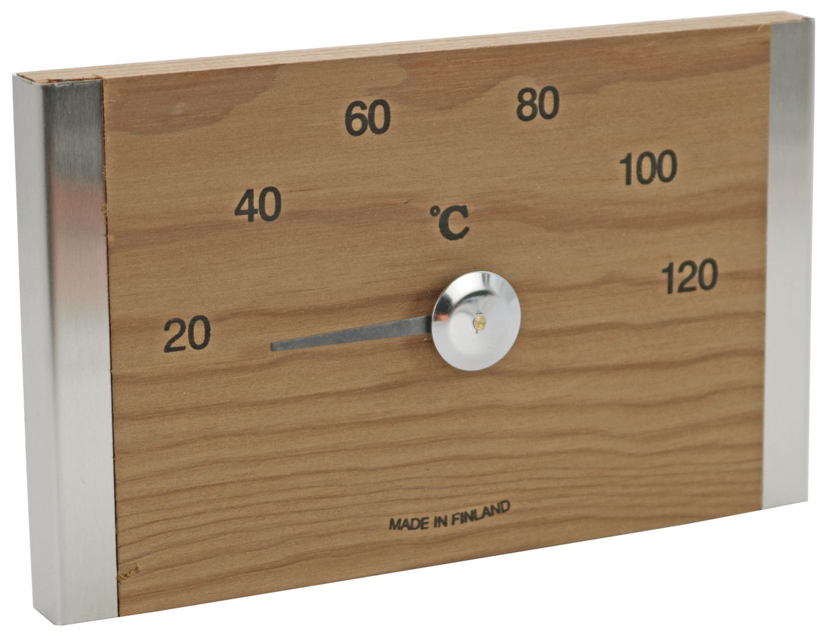 Sauna-Thermometer aus Thermoholz und Edelstahl – Produktansicht