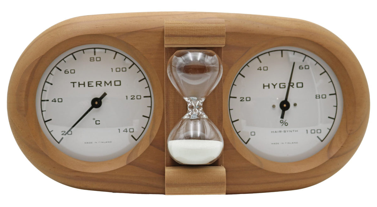 Sauna-Thermometer, Hygrometer und Sanduhr – 3-in-1 aus Thermoholz – Produktansicht