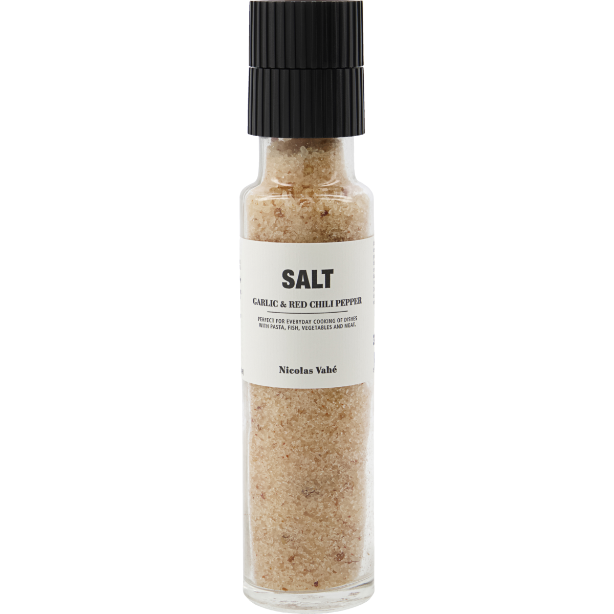 Salzmühle mit Salz, Knoblauch & roter Chilischote