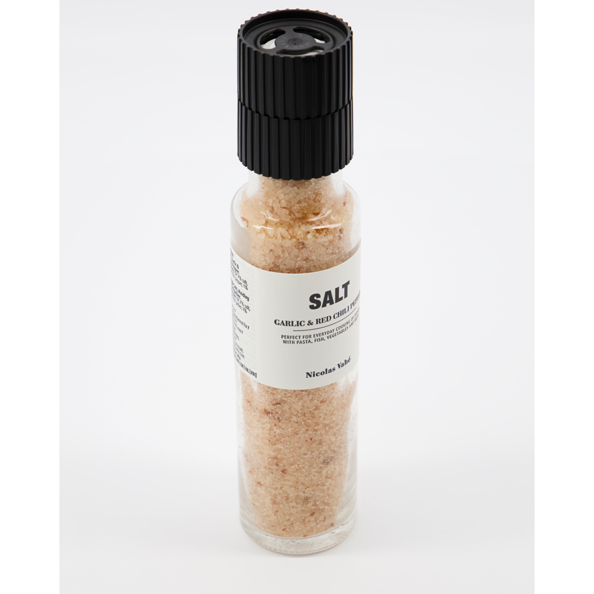 Salzmühle mit Salz, Knoblauch & roter Chilischote