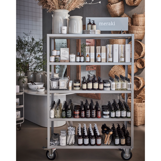 Gray sales shelf on wheels