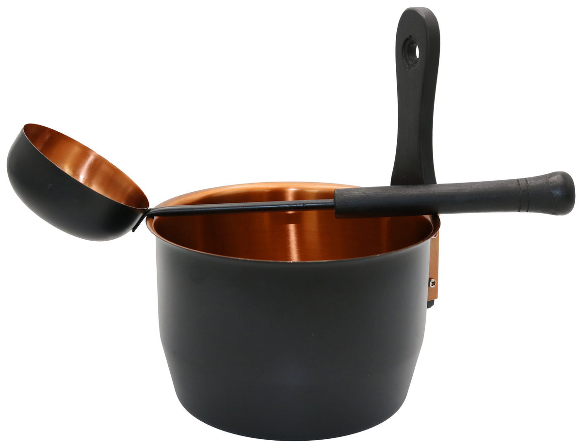 Sauna-Set Edelstahl – Eimer und Kelle in Schwarz-Kupfer – Produktansicht