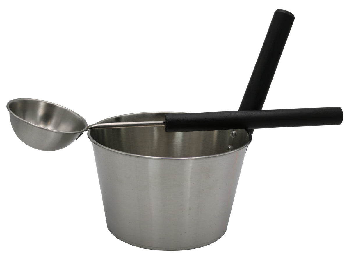 Sauna-Set Edelstahl – Eimer und Kelle mit schwarzen Griffen – Produktansicht